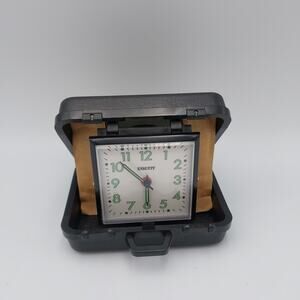 Vtg Equity Travel Alarm Clock Wind Up Hard‎ Case Black - WORKS